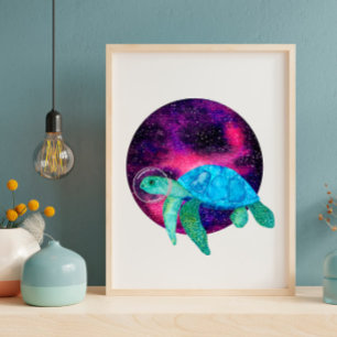 Cute watercolor astronaut turtle illustration poster