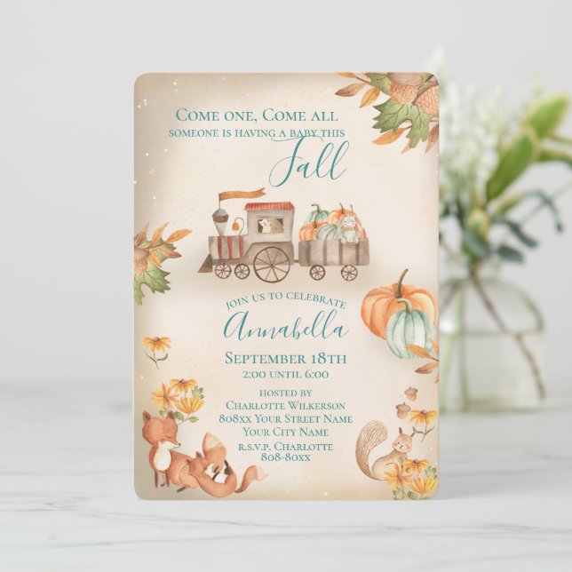 Cute Watercolor Autumn Train Invitation (Standing Front)
