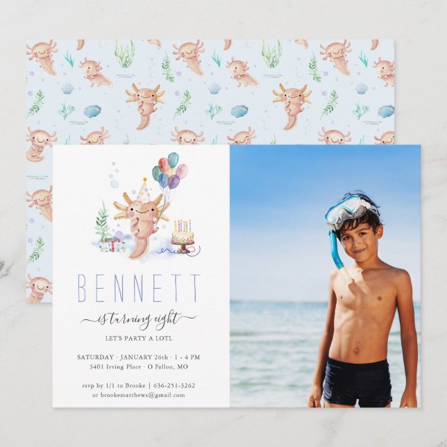 Cute Watercolor Axolotl Birthday Party Photo Invitation (Front/Back)