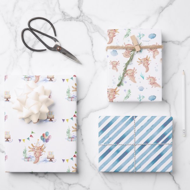 Cute Watercolor Axolotl Birthday Party Wrapping Paper Sheet (Front)