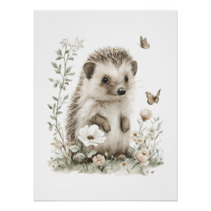Cute Watercolor Baby Animals with Flowers Poster