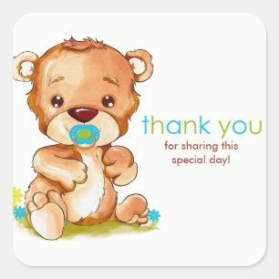 Cute Watercolor Baby Bear Boy Thank You Square Sticker