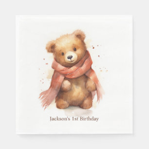 Cute Watercolor Baby Bear First Birthday Party Napkin
