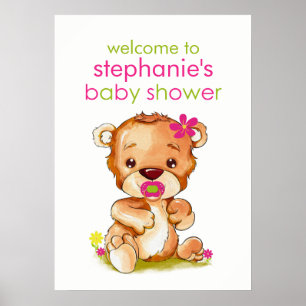 Cute Watercolor Baby Bear Girl Baby Shower Poster