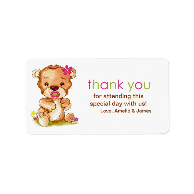 Cute Watercolor Baby Bear Girl Thank You Label (Front)