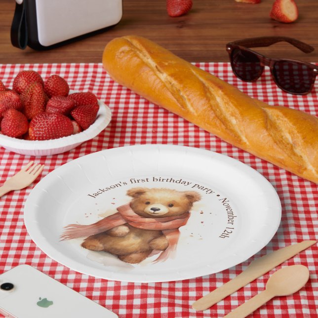 Cute Watercolor Baby Bear Party Paper Plate (Picnic)