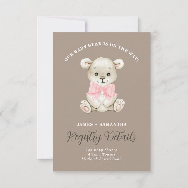 Cute Watercolor Baby Bear Pink Bow Gift Registry Announcement (Front)