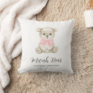 Cute Watercolor Baby Bear Pink Bow Newborn Gift Cushion