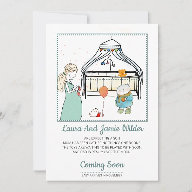 Cute Watercolor Baby Boy Pregnancy Announcement (Front)