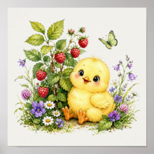 Cute Watercolor Baby Chick Garden Poster