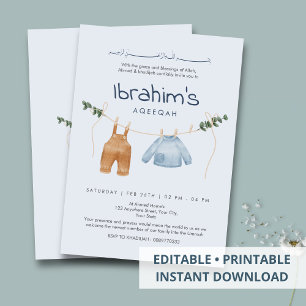 Cute Watercolor Baby Clothes Laundry Line Aqiqah Invitation