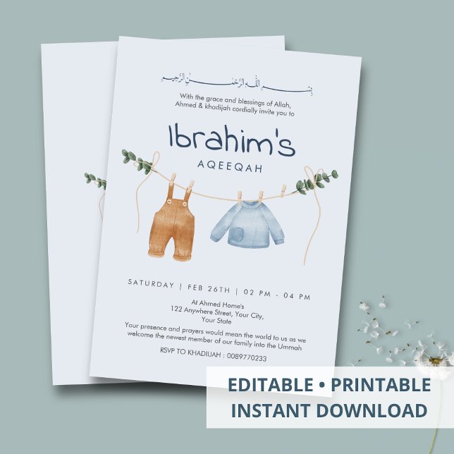 Cute Watercolor Baby Clothes Laundry Line Aqiqah Invitation (Creator Uploaded)
