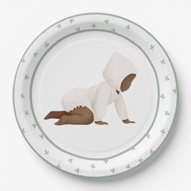 Cute Watercolor Baby Crawling Baby Shower Paper Pl Plate (Front)