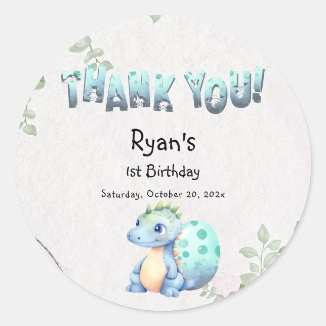 Cute Watercolor Baby Dinosaur 1st Birthday Classic Round Sticker (Front)