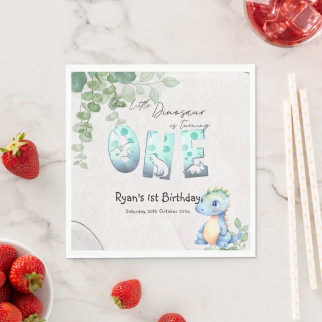 Cute Watercolor Baby Dinosaur 1st Birthday Napkin (Insitu)
