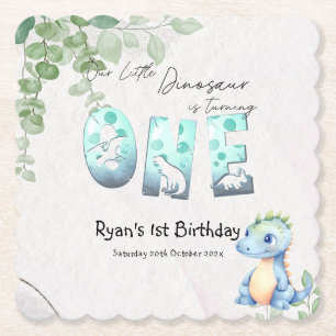 Cute Watercolor Baby Dinosaur 1st Birthday Paper Coaster