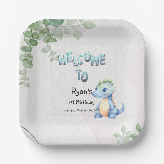 Cute Watercolor Baby Dinosaur 1st Birthday Paper Plate (Front)
