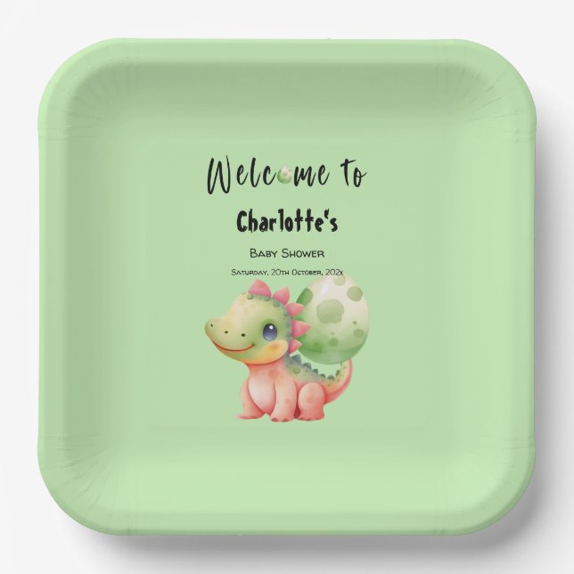 Cute Watercolor Baby Dinosaur Baby Shower Paper Plate (Front)