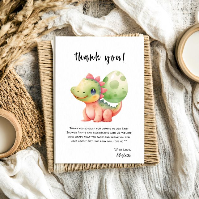 Cute Watercolor Baby Dinosaur Baby Shower Thank You Card (Creator Uploaded)