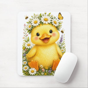 Cute Watercolor Baby Duck with Daisy Flower Crown Mouse Pad