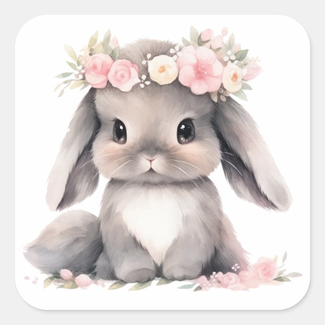 Cute Watercolor Baby Easter Bunny Graphic Girls Square Sticker (Front)