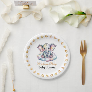Cute Watercolor Baby Elephant Blue Baby Shower Pap Paper Plate
