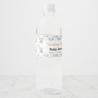 Cute Watercolor Baby Elephant Blue Boy Water Bottl Bottle Label