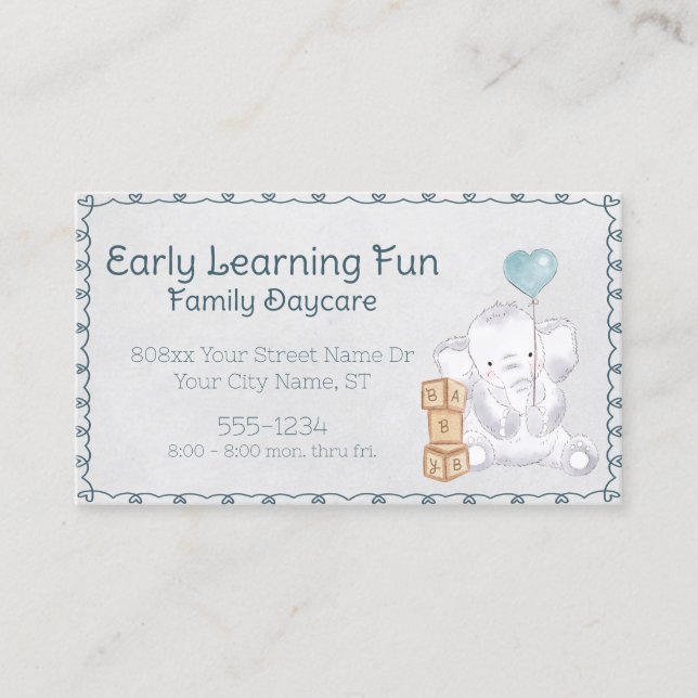 Cute Watercolor Baby Elephant Daycare Business Card (Front)