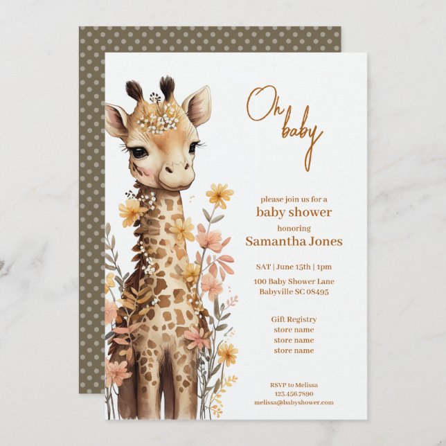 Cute Watercolor Baby Giraffe Baby Shower Invitation (Front/Back)