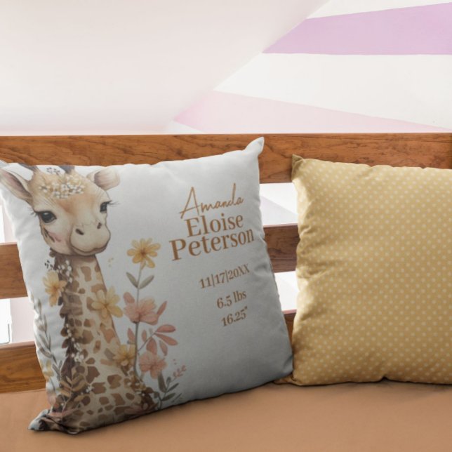 Cute Watercolor Baby Giraffe Baby Stats Cushion (Creator Uploaded)