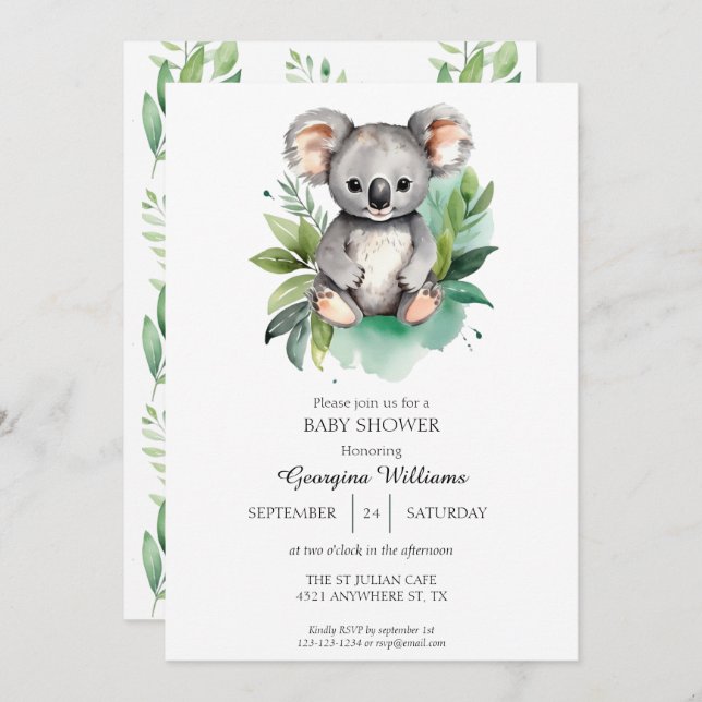 Cute Watercolor Baby Koala Baby Shower  Invitation (Front/Back)