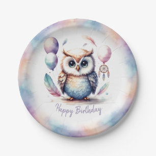 Cute Watercolor Baby Owl Balloons Birthday Paper Plate