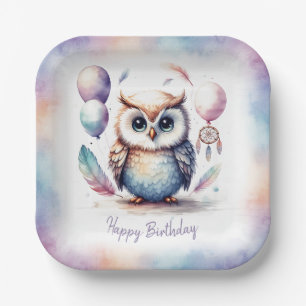 Cute Watercolor Baby Owl Balloons Birthday Paper Plate