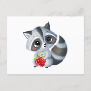 Cute Watercolor Baby Racoon with Strawberry Fruit Postcard