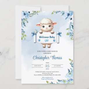 Cute watercolor baby sheep with Welcome baby sign Invitation