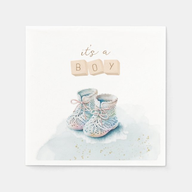 Cute Watercolor Baby Shoe Boy Gender Reveal Napkin (Front)