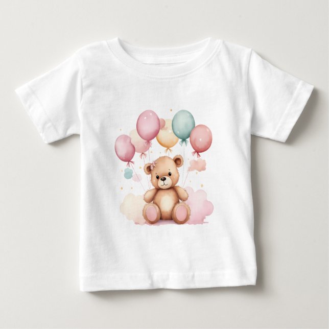 Cute Watercolor Baby Shower Balloons Teddy Bear T-Shirt (Front)