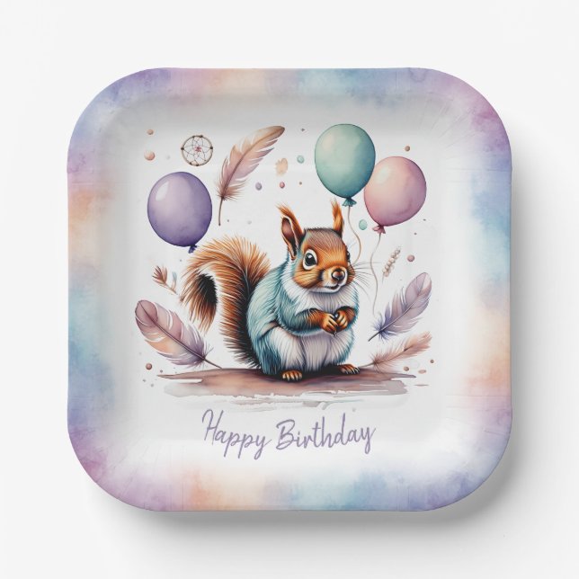 Cute Watercolor Baby Squirrel Balloons Birthday  Paper Plate (Front)