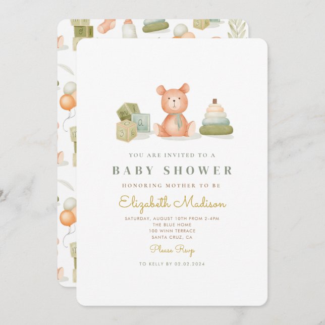 Cute Watercolor Baby Toys Baby Shower  Invitation (Front/Back)