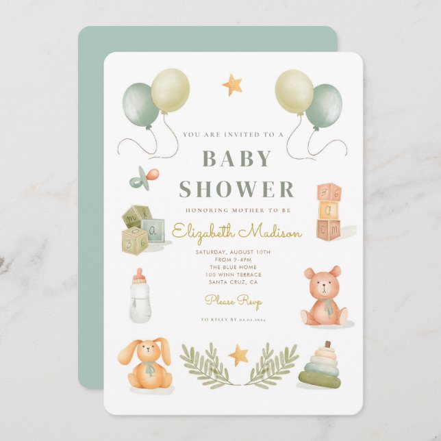 Cute Watercolor Baby Toys Baby Shower Invitation (Front/Back)