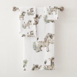 Cute Watercolor Baby Zebra Design Neutral Safari Bath Towel Set