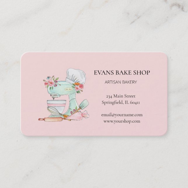 Cute watercolor Bakers Pink Mixer  Business Card (Front)