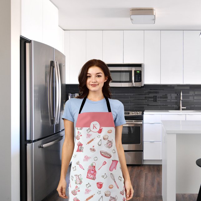 Cute Watercolor Baking Pattern Pink Monogram  Apron (Creator Uploaded)