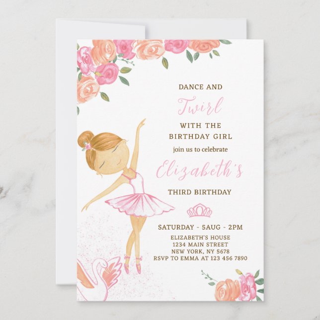 Cute Watercolor Ballerina Birthday Invitation (Front)
