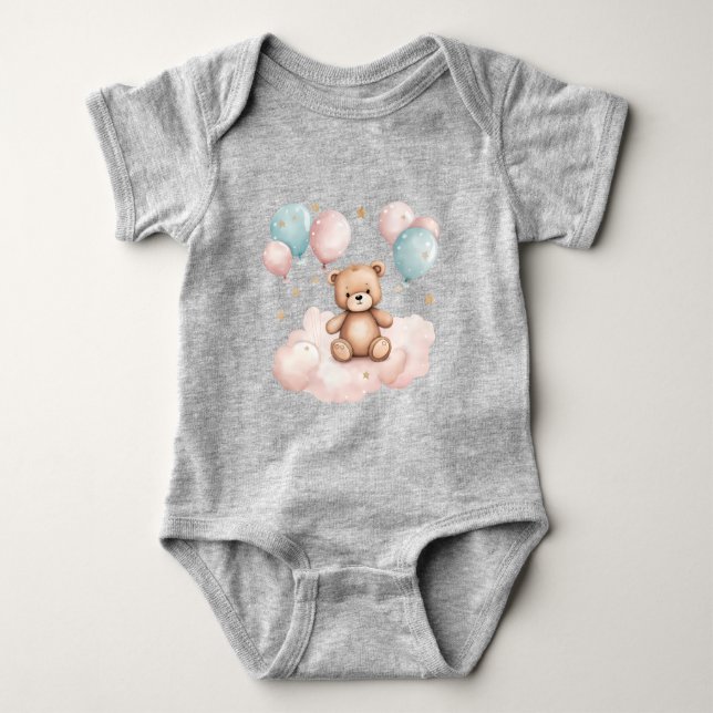 Cute Watercolor Balloon Teddy Bear Baby Bodysuit (Front)