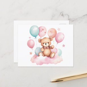 Cute Watercolor Balloon Teddy Bear on Pink Cloud Postcard