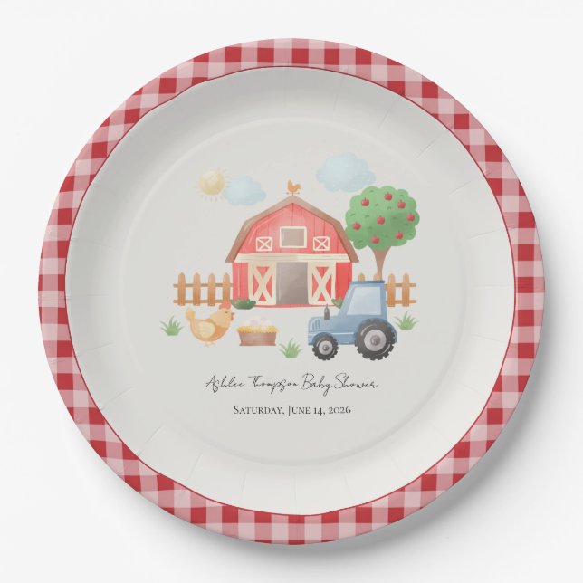 Cute Watercolor Barn Farm Animals Baby Shower  Paper Plate (Front)