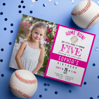 Cute Watercolor Baseball Photo Girl Birthday Invitation