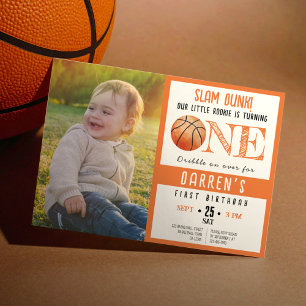 Cute Watercolor Basketball Photo 1st Birthday Invitation