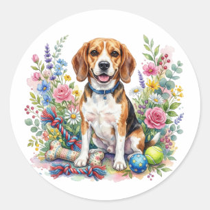 Cute Watercolor Beagle in Flowers Classic Round Sticker
